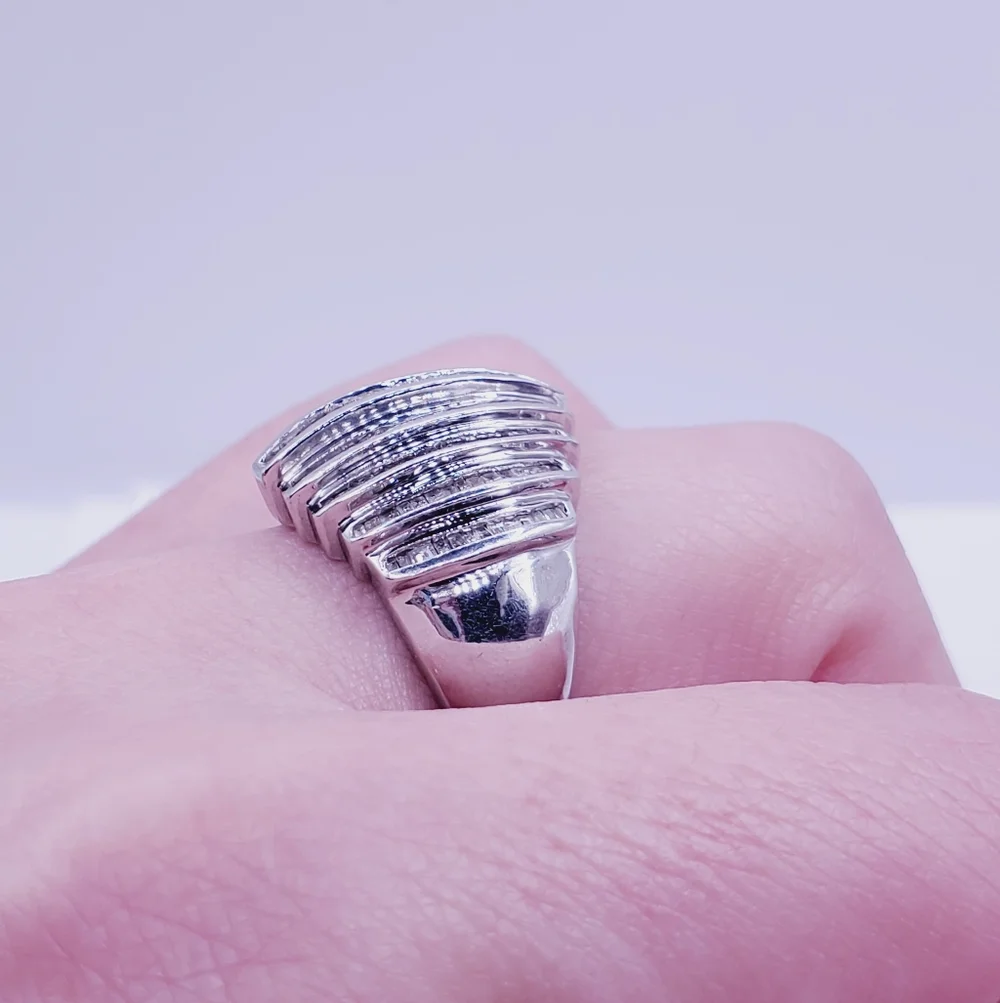 10k Solid White Gold Genuine Channel Set Baguette Diamond Statement Ring